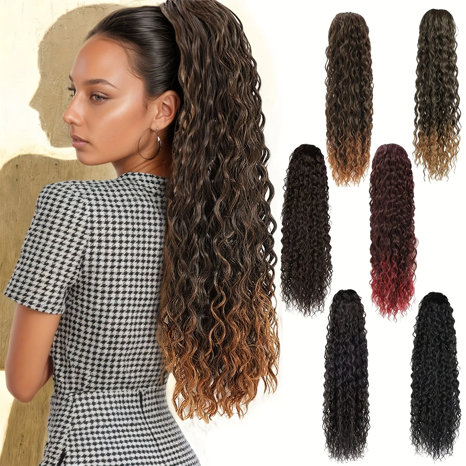 

Женский длинный волнистый синтетический парик с хвостиком на шнурке - натуральный хвост на клипсе, пышный и вьющийся, доступный в нескольких цветах.