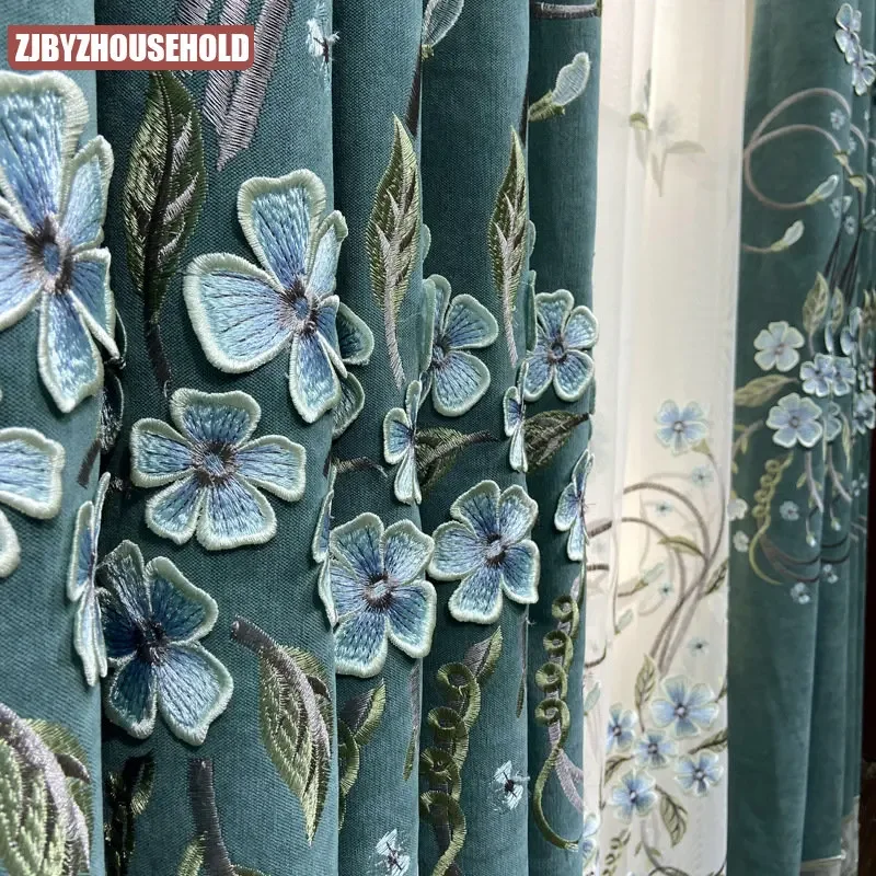 

Embossed Embroidery European Curtains for Living Dining Room Bedroom Shading Luxurious Flower Blue-green Window Gauze Custom