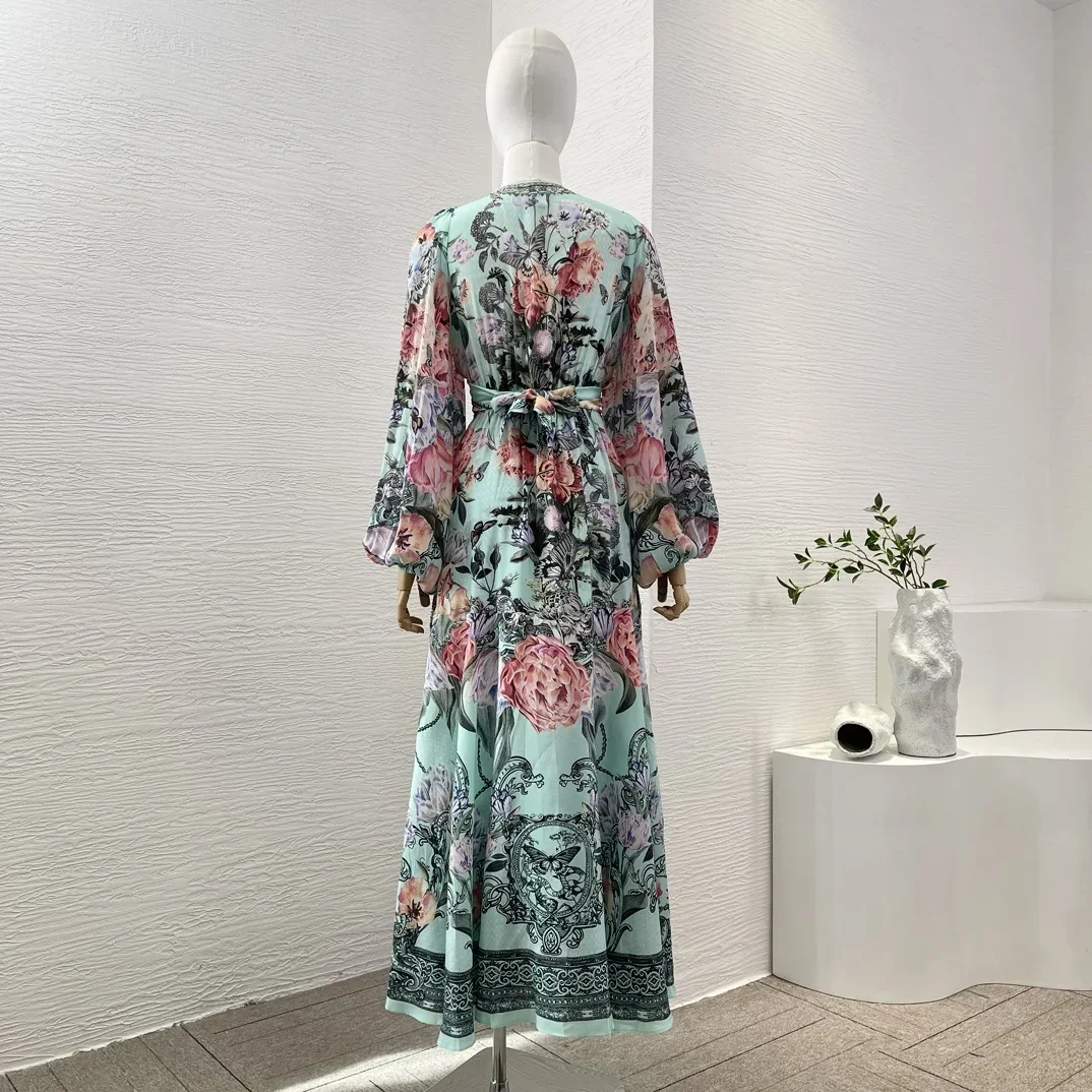 Women's Floral Print Long Sleeve Midi Dress Deep V Neck Diamonds Wrap Tie Cut Out Belly Elegant Fashion Summer Hoilday