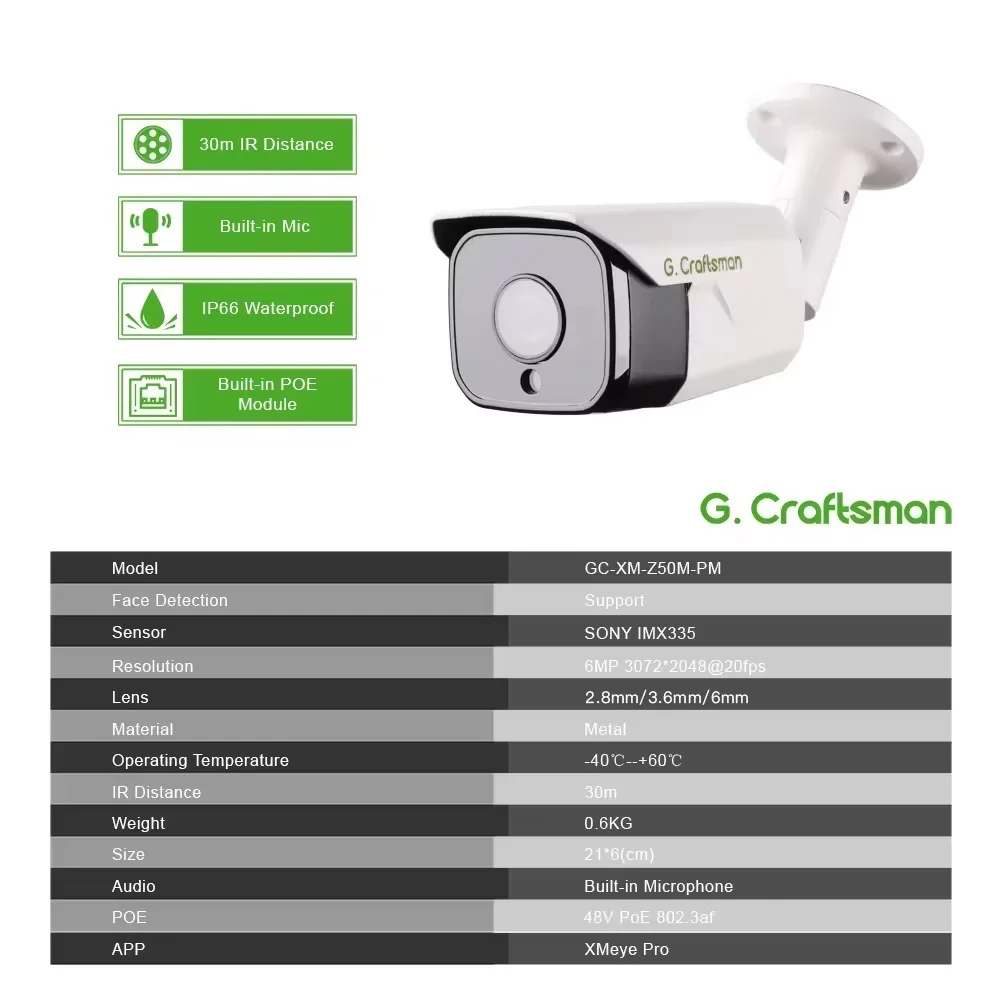 G.Craftsman 6MP POE 20FPS 2.8mm 3.6mm 6mm IR Night Vision Face recognition Human Detection Surveillance Security XMEYE