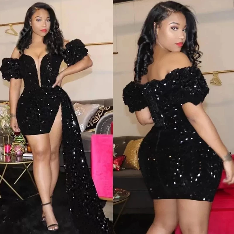 Gorgeous Glitter Black Homecoming Dress Sparkles Short Prom Dresses 2024 Zipper Long Puffy Sleeves Party Dress Robe De Soiree