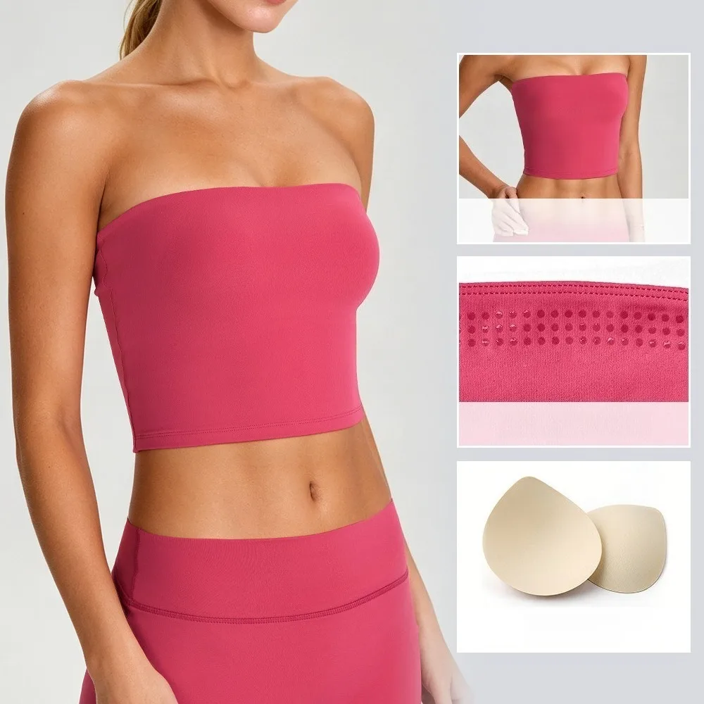 Women Strapless Non‑Slip Back Support Yoga Bandeau Top Shock Resistant Sleeveless Workout Sports Bra