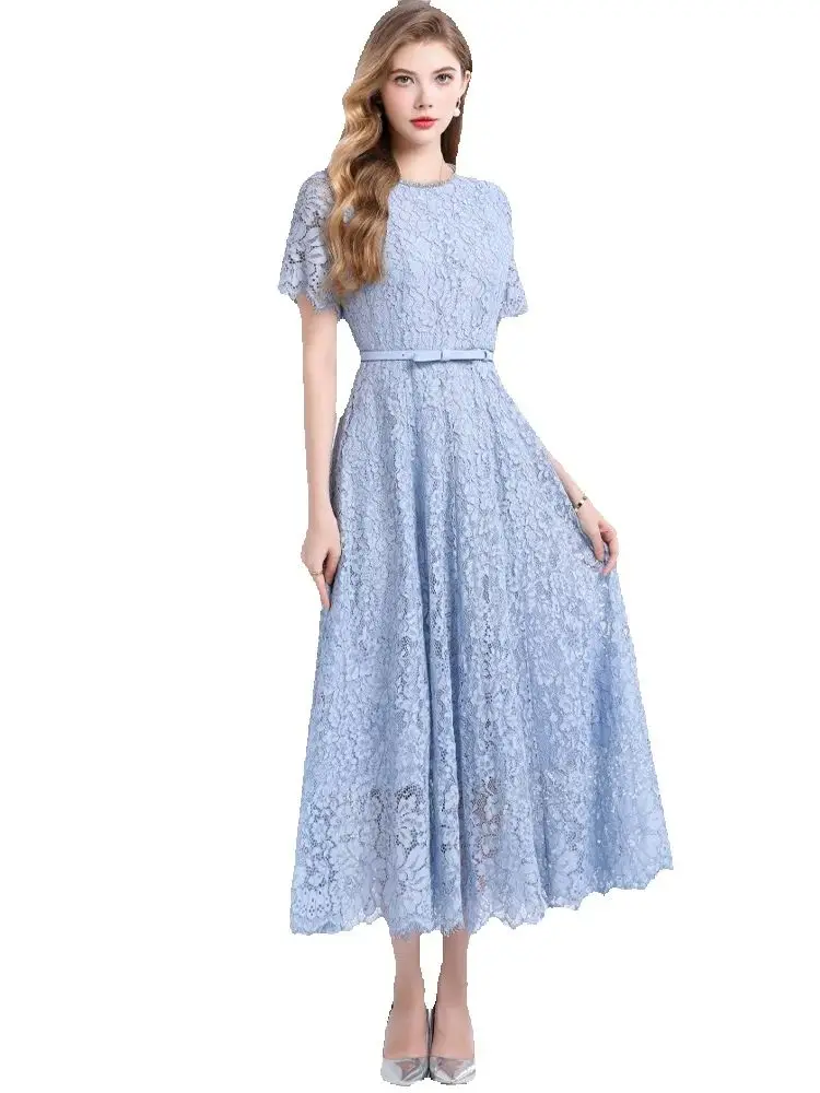 

High Quality Lace Nail Drill Round Neck Short Sleeved Slim Fit Dress 2025 Summer New Fashionable Women'S Clothing