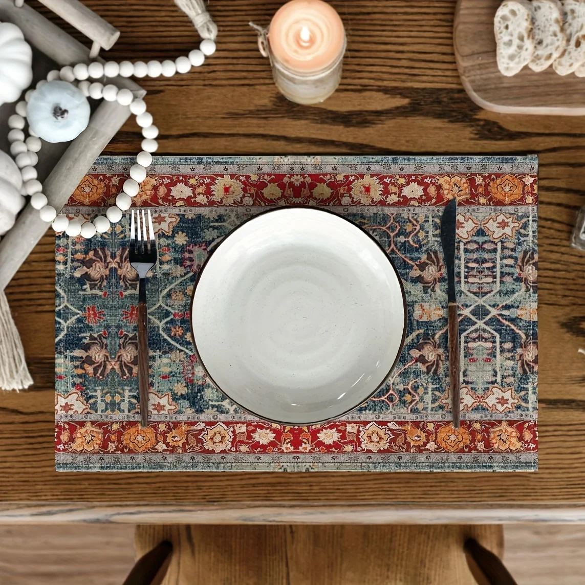 [4pcs Bohemian Linen Placemats] Set of 4 Boho Bohemia Style Placemats, 100% Linen, Machine Washable, Woven Rectangle Table Mats,