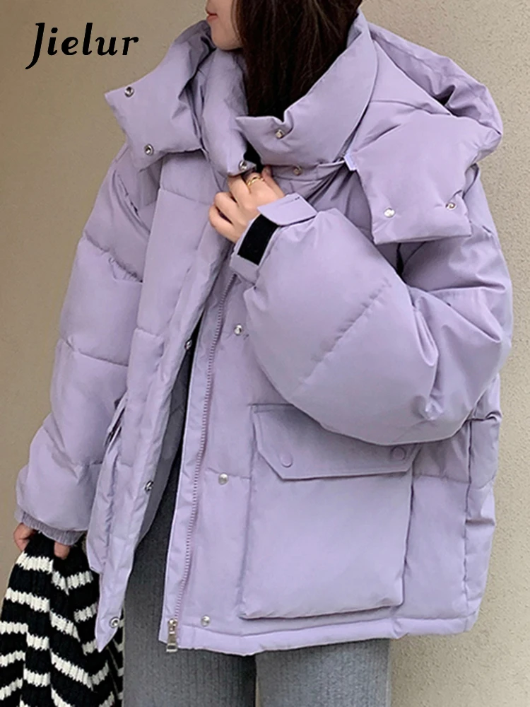 Jielur viola coreano sciolto con cappuccio femminile parka inverno Basic ufficio signore tinta unita moda semplice tasche Chic donne parka