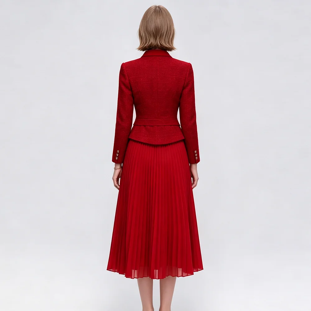 ZJYT Autumn New Elegant Pleated Dress Sets 2 Piece Womens Outfit Red Party 2026 Designer Stand Neck Top and Midi Skirt Suits