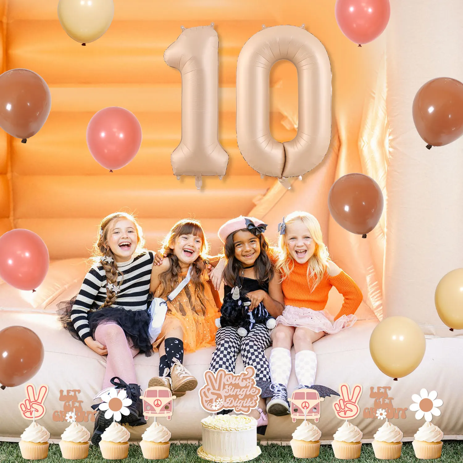 Groovy 10th Birthday Party Decor with Peace Out Single Digits I'm10 Banner Garland Cake Topper 10 Foil Balloon for 10th Birthday