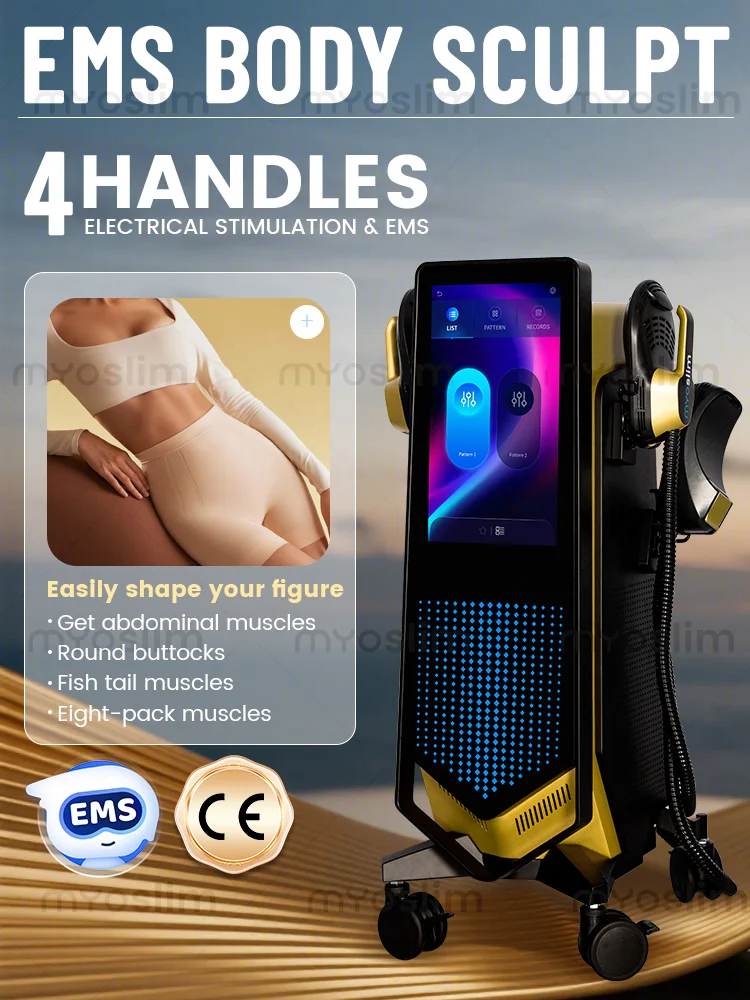 آلة نحت الجسم MYOSLIM EMS - 30 دقيقة ≈ 5 ساعات قلب، بناء العضلات/الدهون المحروقة/شكل الجسم، 4 مقابض 20000 انكماش،