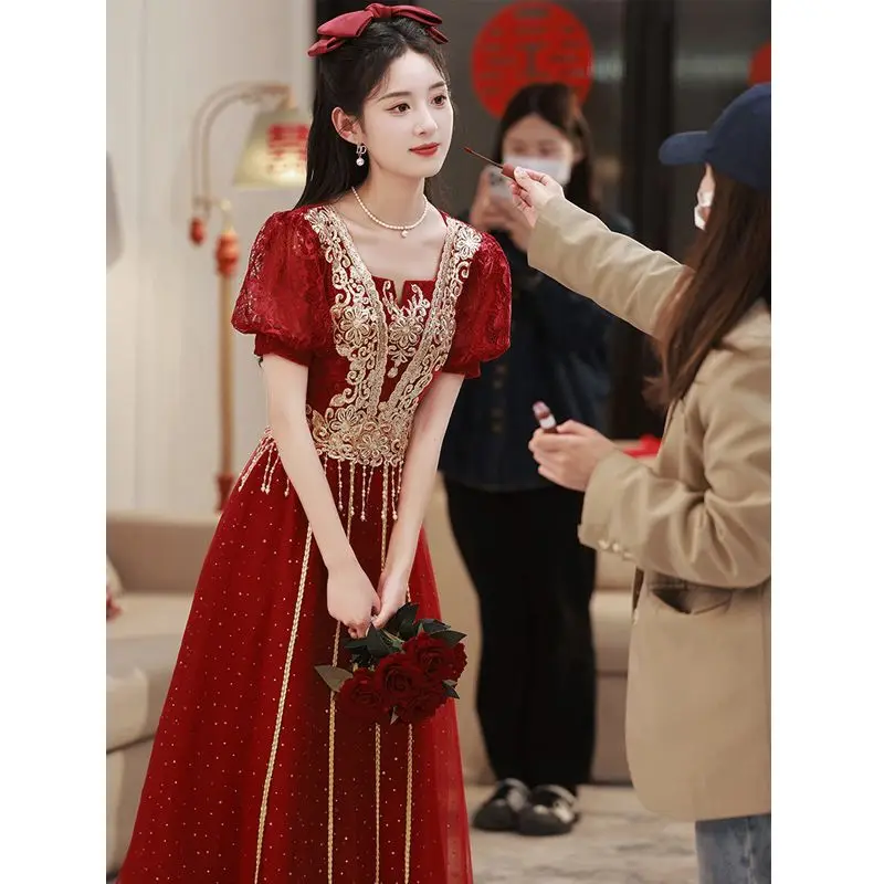 Ofallsis Luxury Wine Red Embroidered Engagement Dress 2024 Summer New Chic Toast Mesh Stitching Back Door Casual Dresses Female