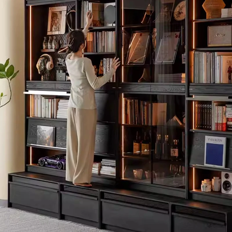 

Solid wood full wall card seat bookcase living room locker simple black bookshelf
