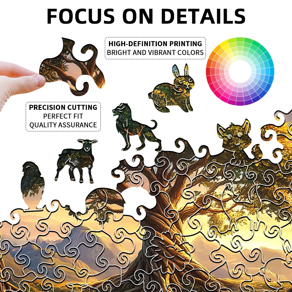Colorful Tree of Life Wooden Puzzle: Vibrant Natural & Celestial Art-Inspired Design | Handcrafted Brain-Teasing Family Activity