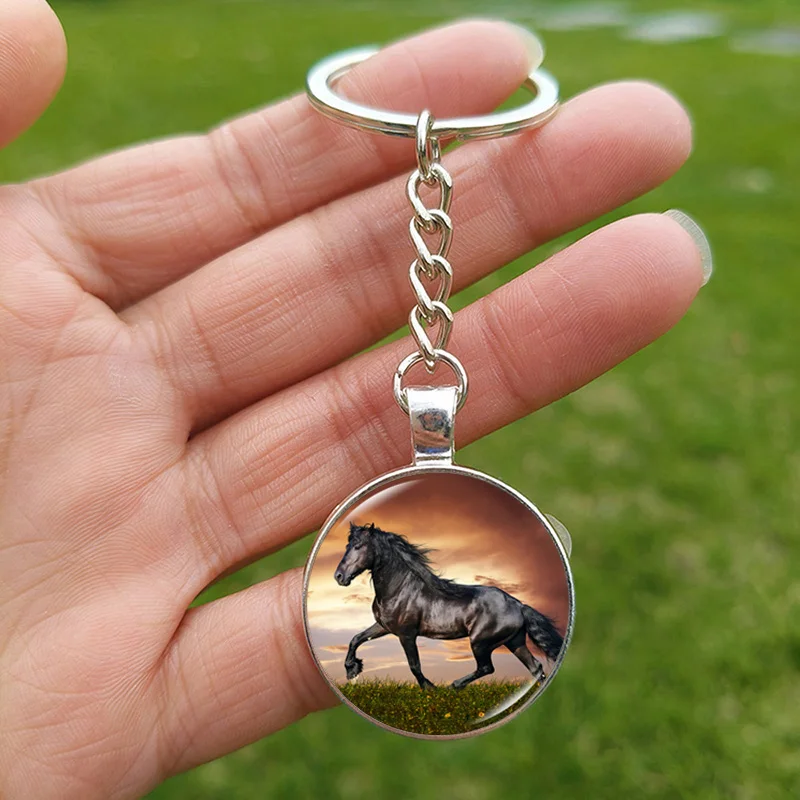 New Horse Keychain for Men Women Horses Glass Picture Handmade Silver Plated Keyring Animal Jewelry