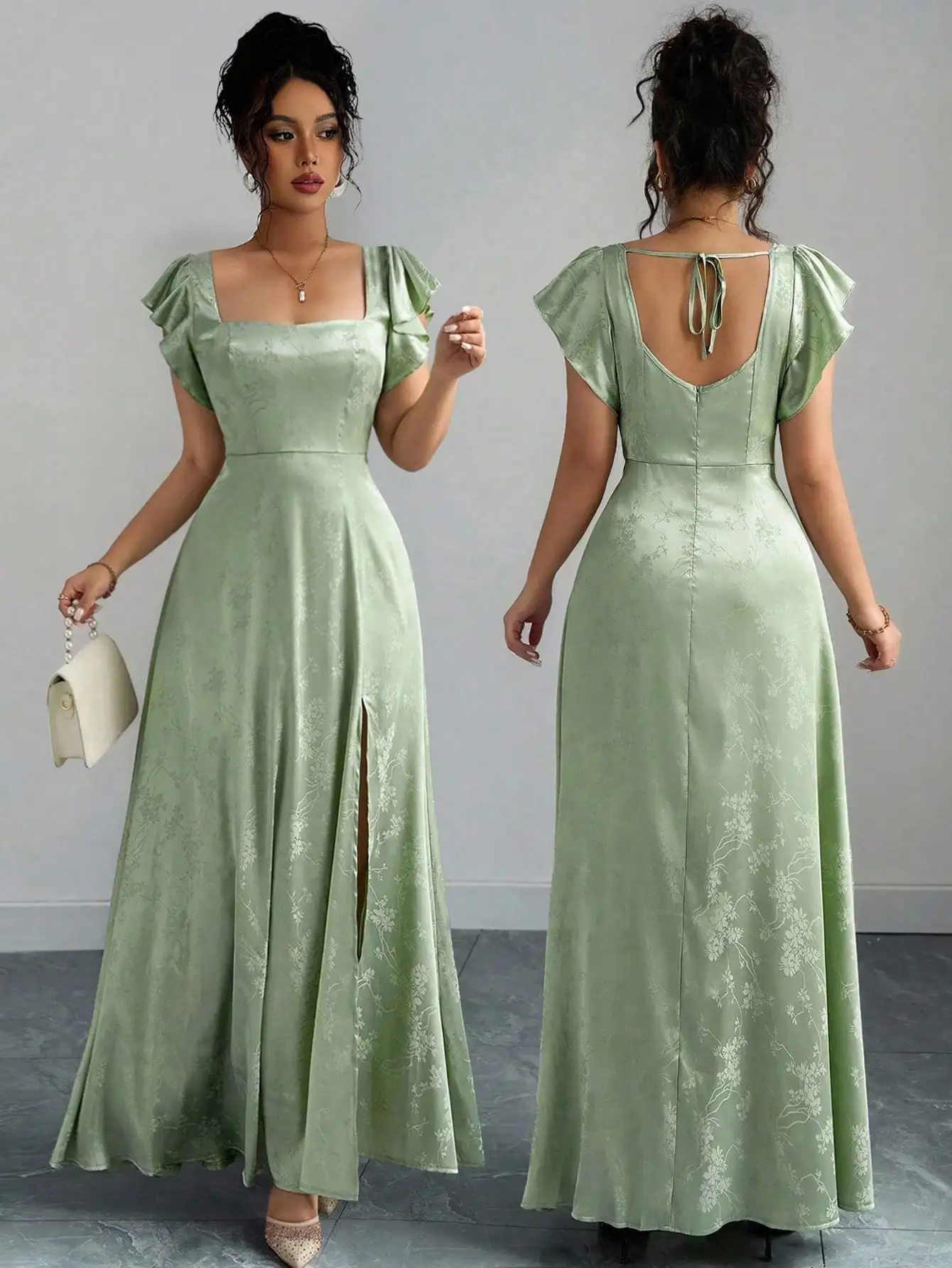 

Мятно-зеленое платье макси с квадратным вырезом, рукавами с рюшами, боковым разрезом и завязками на спине