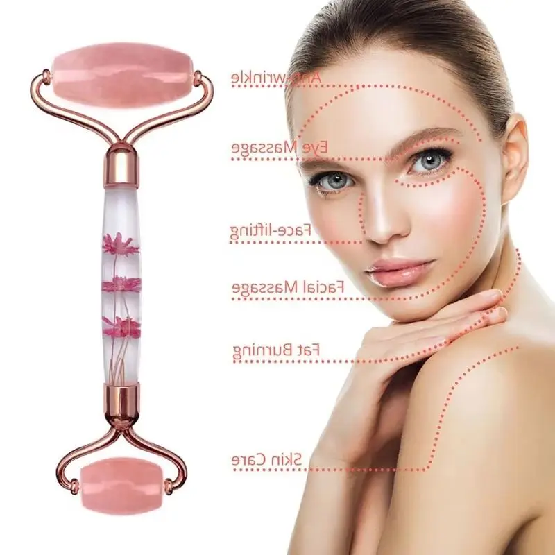 Rose Quartz Eternal Flower Roller Facial Massager For Guache Scraper Jade Massage Roller Gua Sha Gouache Massage Skin Care Set
