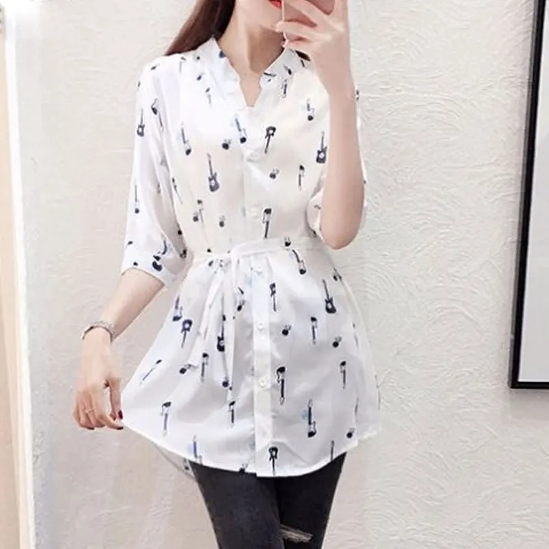 Female Clothing Fashion Printed Blouse Elegant Waist Drawstring Loose Summer Casual Half Sleeve Korean Single-breasted Shirt New