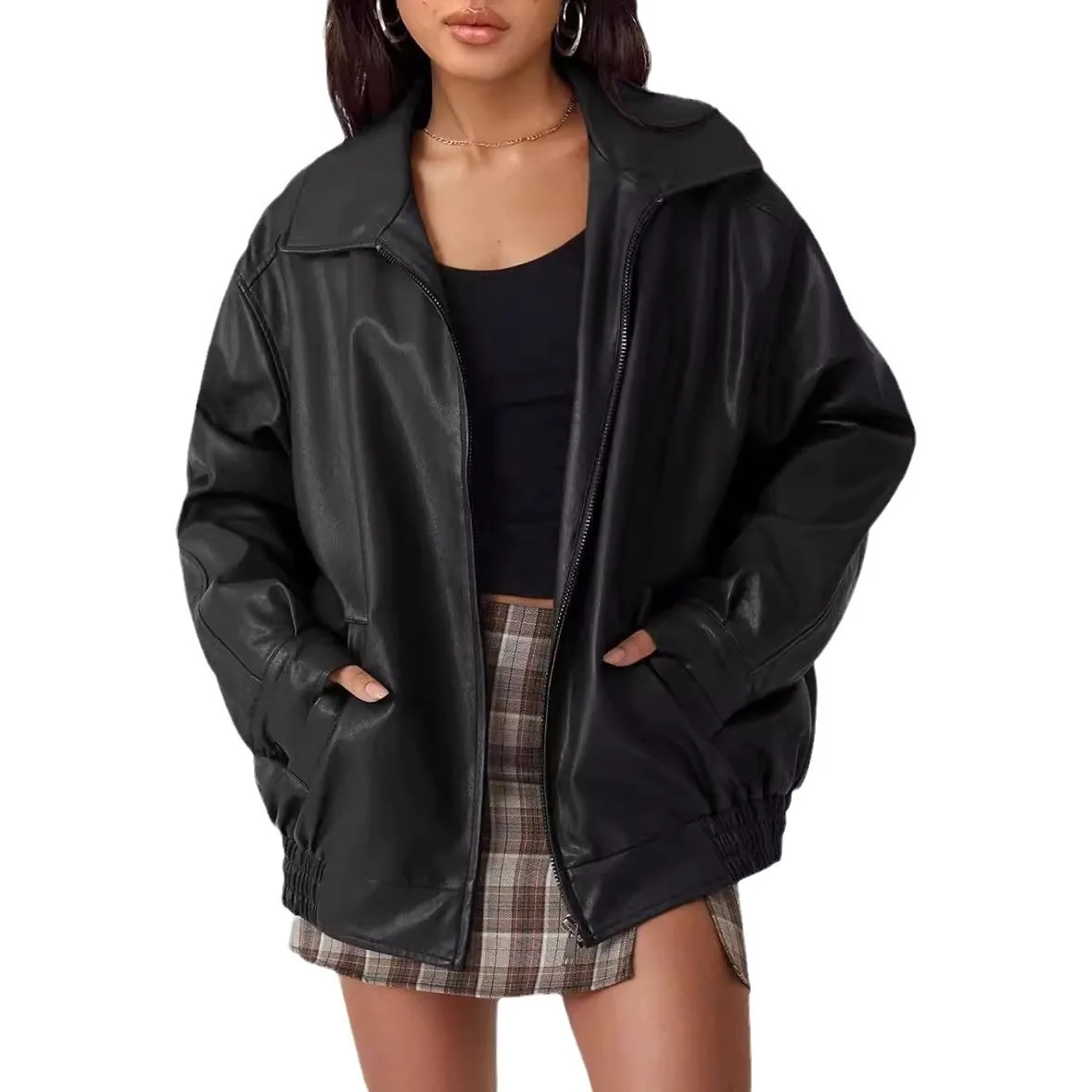 New Womens Oversized Faux Leather Jacket Lapel Collar Zip Up Bomber Jacket with Pockets Casual Fall Outwear for Women