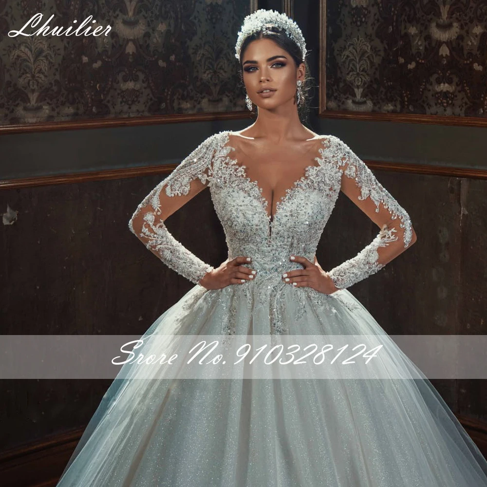 Lhuillier Scoop Neck A Line Shiny Tulle Wedding Dresses Full Sleeves Princess Beaded Bridal Dress with Chapel Train