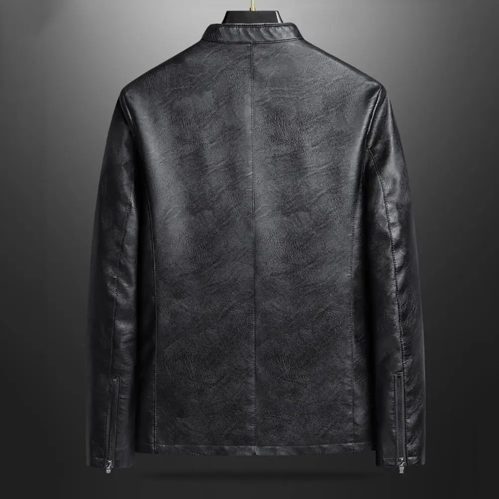 Long Sleeve Faux Leather Jacket Stylish Men's Imitation Leather Windbreaker Jacket with Stand Collar Zipper Closure for Men