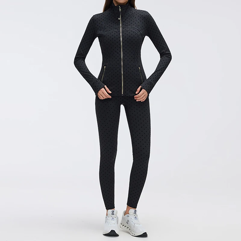 Women Black Polka Dot Stand Collar Slim Jacket High Waist Tummy Control Butt Lifting Yoga Pants Sports 2 Piece Outfit