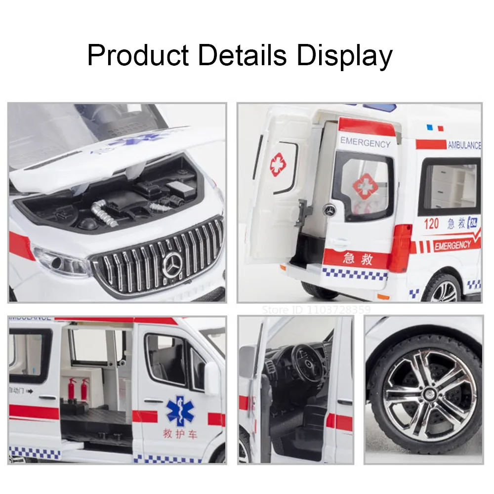 1:24 Scale รถพยาบาลรถตํารวจรุ่น Miniatur ของเล่นโลหะผสม Diecast เสียงประตูเปิดดึงกลับยางยางสําหรับของขวัญเด็ก