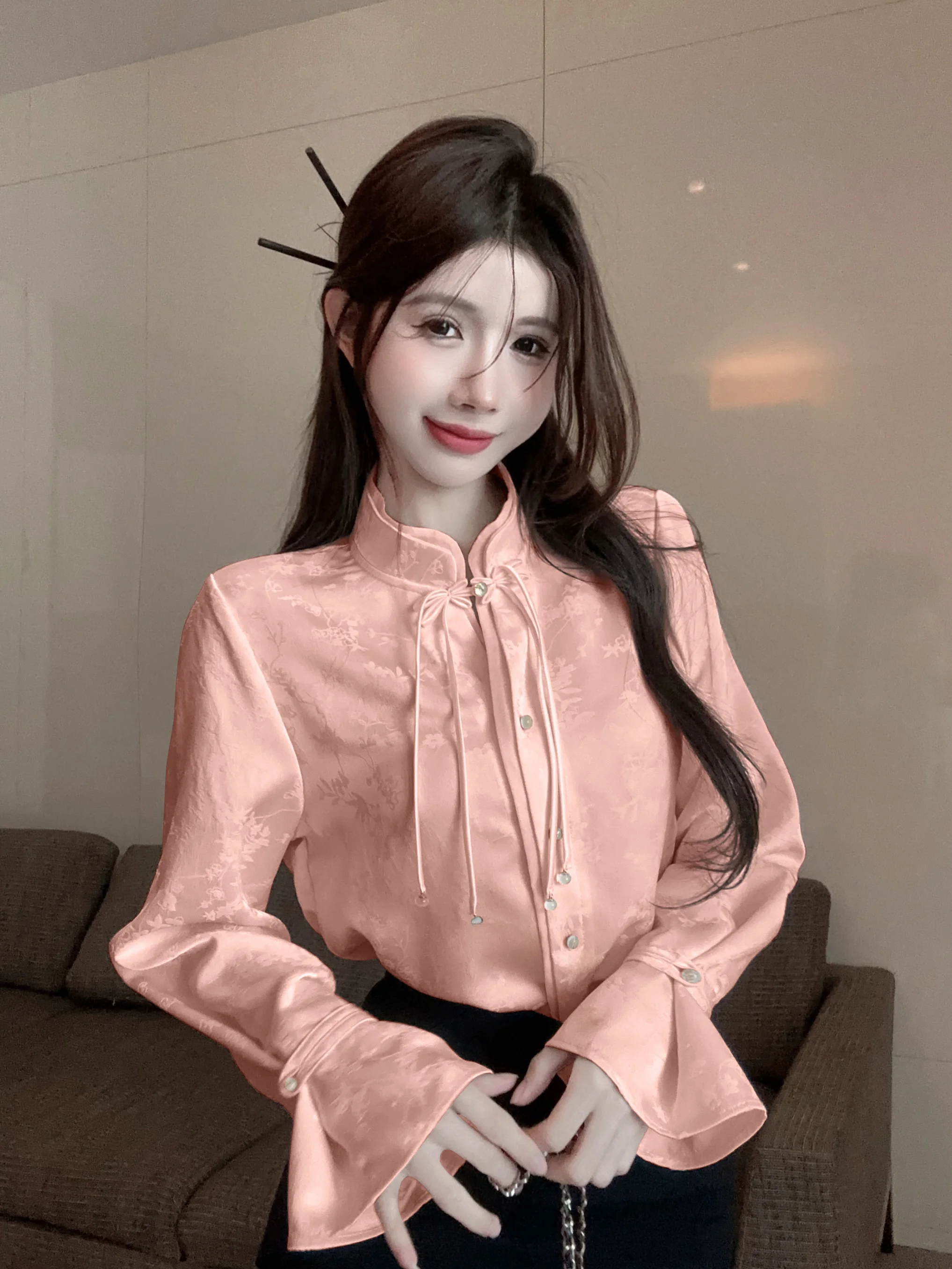 Ele solto chinês sle irt com sves queimados e botão detalhando bordado floral design commute faion top feminino