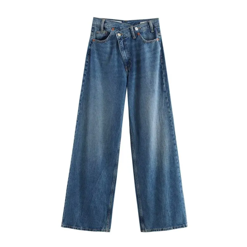 Damskie dwukolorowe, uniwersalne jeansy z wysokim stanem i szerokimi nogawkami, casualowe ubrania streetwearowe.