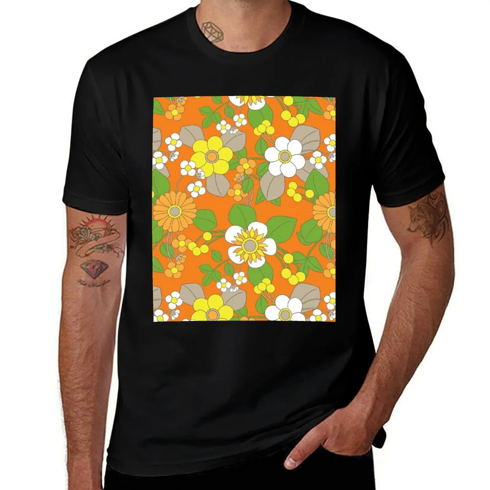 Yellow, Orange and White Retro Flowers on Orange Background T-Shirt Basic Simple Casual Short Sleeve Tee T-Shirt