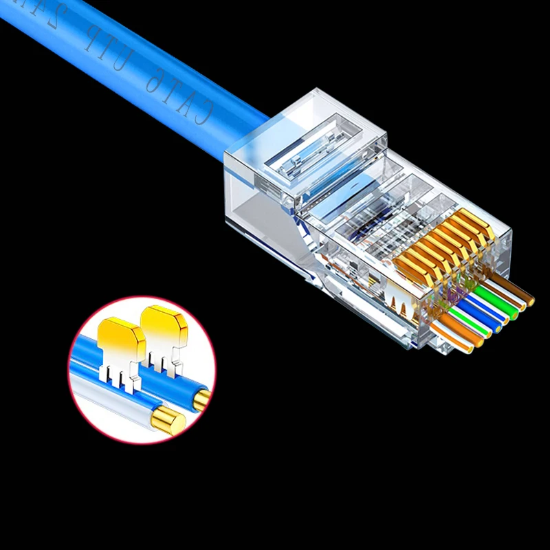 COMNEN CAT5E RJ45 وحدات موصل قابس UTP تمرير من خلال موصلات إيثرنت RJ45 نهاية كريستال مطلية بالذهب 8P8C تجعيد إيثرنت