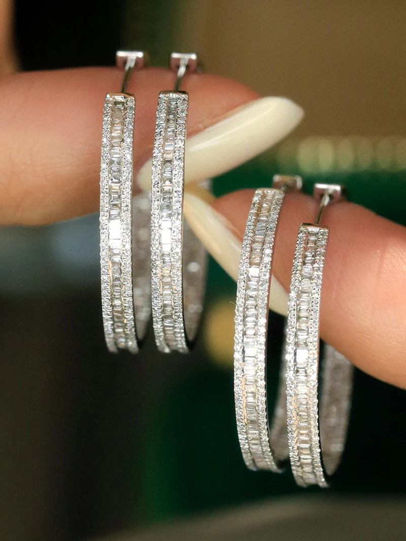 LUOWEND 100% 18K White Gold Earrings Large Circle Hoop Earrings 1.10carat Real Natural Diamond Earrings for Women Party Jewelry