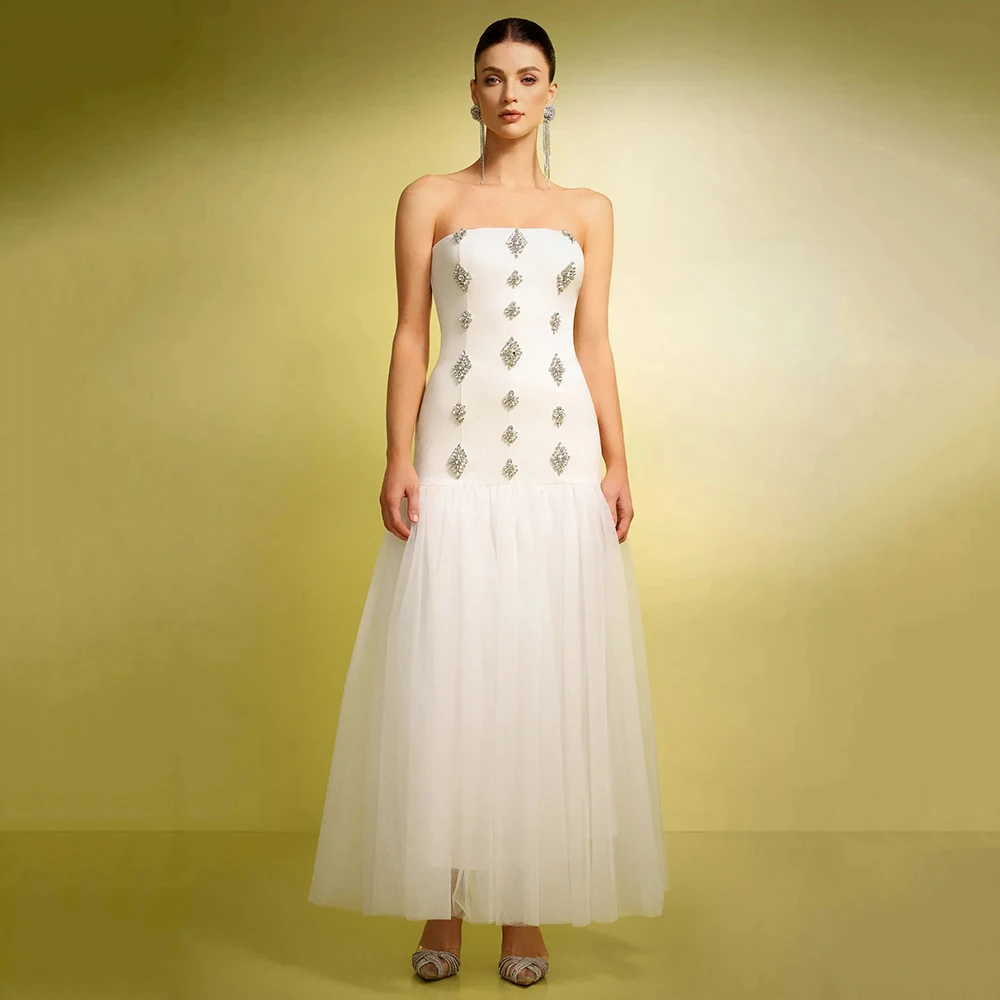 

Customized Strapless Simple Draped Tulle Evening Dress Backless A-line Crystal Party Dress Sleeveless Ankle Length Prom Gown