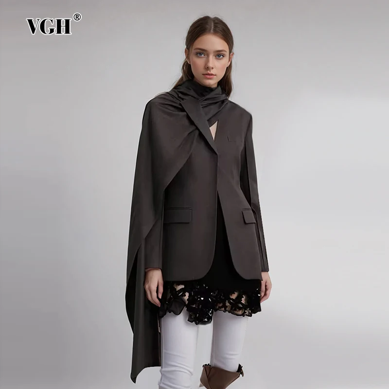 VGH Minimalist Asymmetrical Scarf Style Blazers For Women Notched Collar Long Sleeve Temperament Solid Blazers Female Fashion