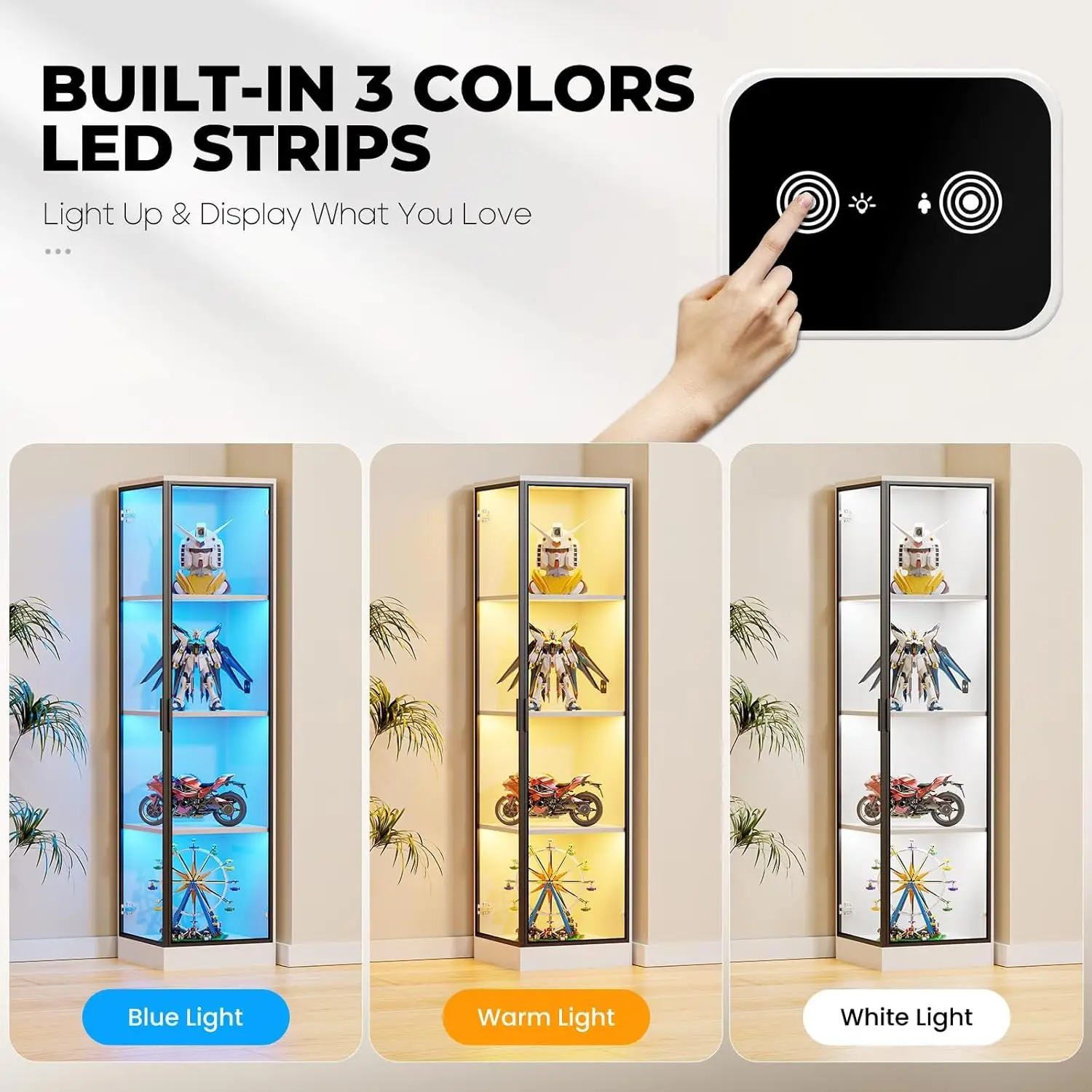 Vetrina a 4 livelli con luci a LED, custodia Curio bianca con sensore di movimento, larghezza 15,7'