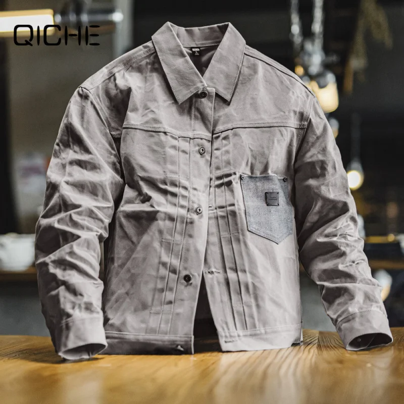 QICHE Men Grey Waxed Cotton Hunting Jacket Sturdy Fabric 2nd Version Casual Long Sleeve Outerwear Coat Spring