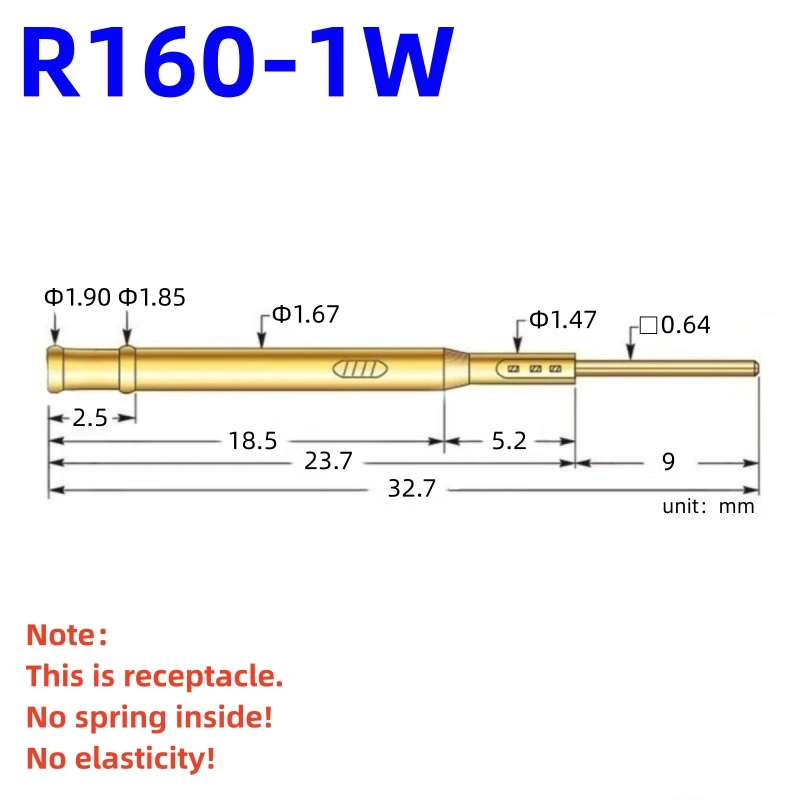 

100PCS R160-1W Test Pin P160-B1 Receptacle Brass Tube Needle Sleeve Seat Wire-wrap Probe Sleeve 32.7mm Outer Dia 1.67mm