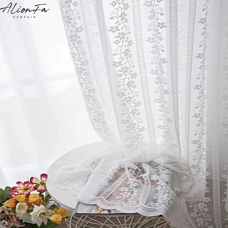 White Lace Sheer Curtains for Living Room Window, Floral Tulle Voile Curtain for Bedroom, Kitchen Drapes Home Decor Korean Style