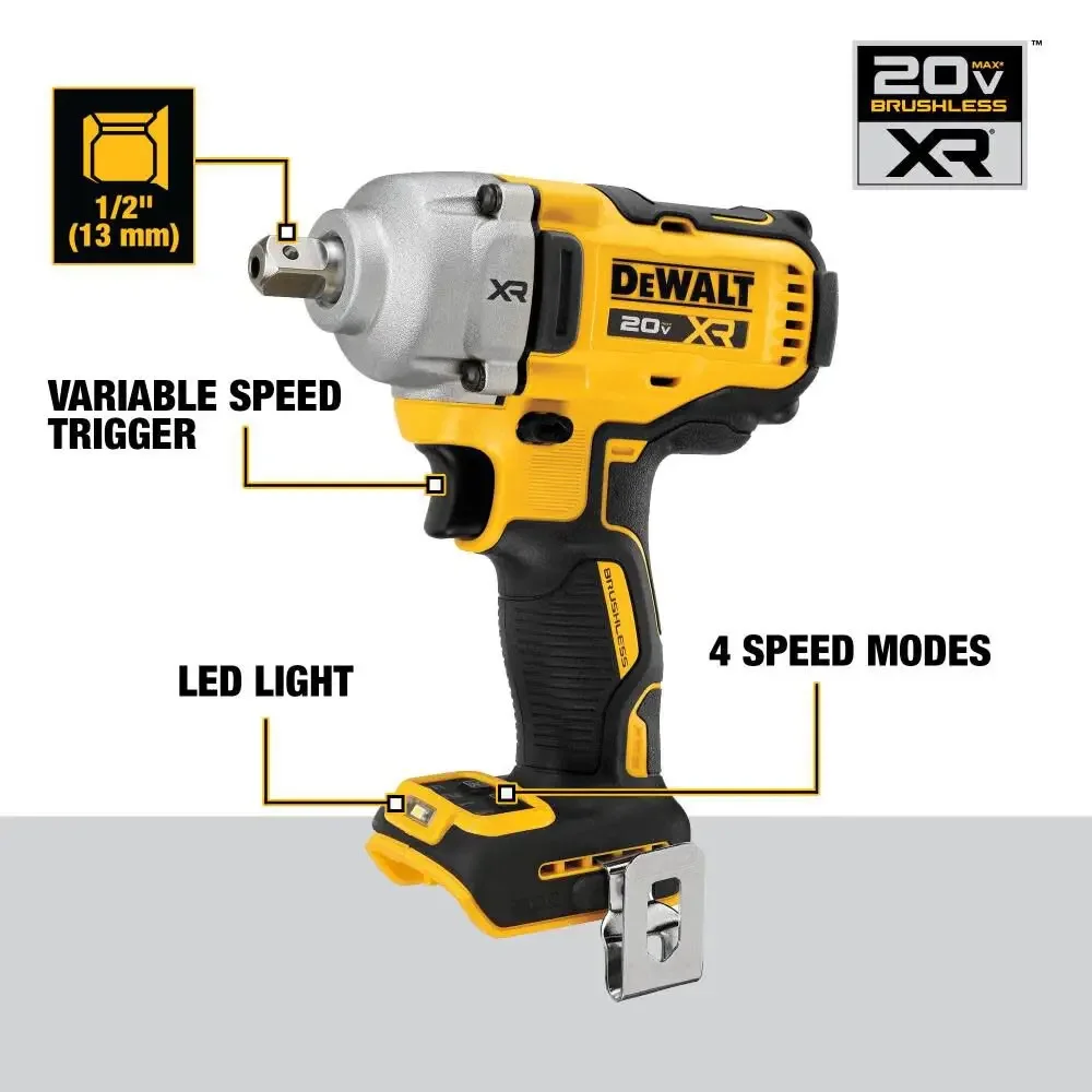 DEWALT DCF892 Kit 1/2in Brushless Cordless Mid-Range Impact Wrench With Detent Pin Anvil 20V Lithium 812NM With Battery Charger