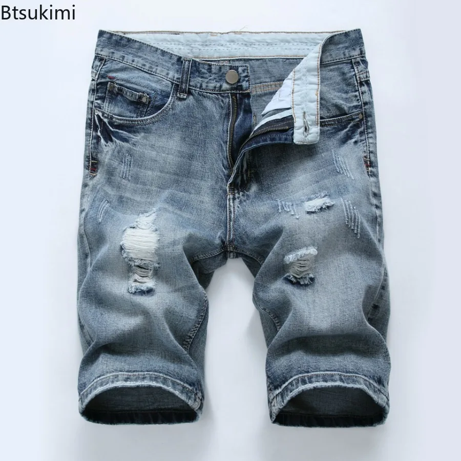 2024 Men's Denim Shorts Summer New Style Elastic Slim Fit Short Jeans Fashion Holes Casual Cotton Cowboy Short Trousers for Male