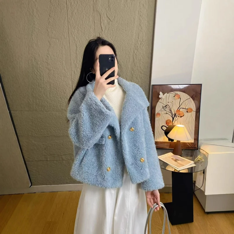 

Зима 2026, новая двубортная теплая куртка из искусственного норкового бархата в британском стиле с воротником-стойкой, утолщенная свободная теплая куртка из искусственного меха для женщин