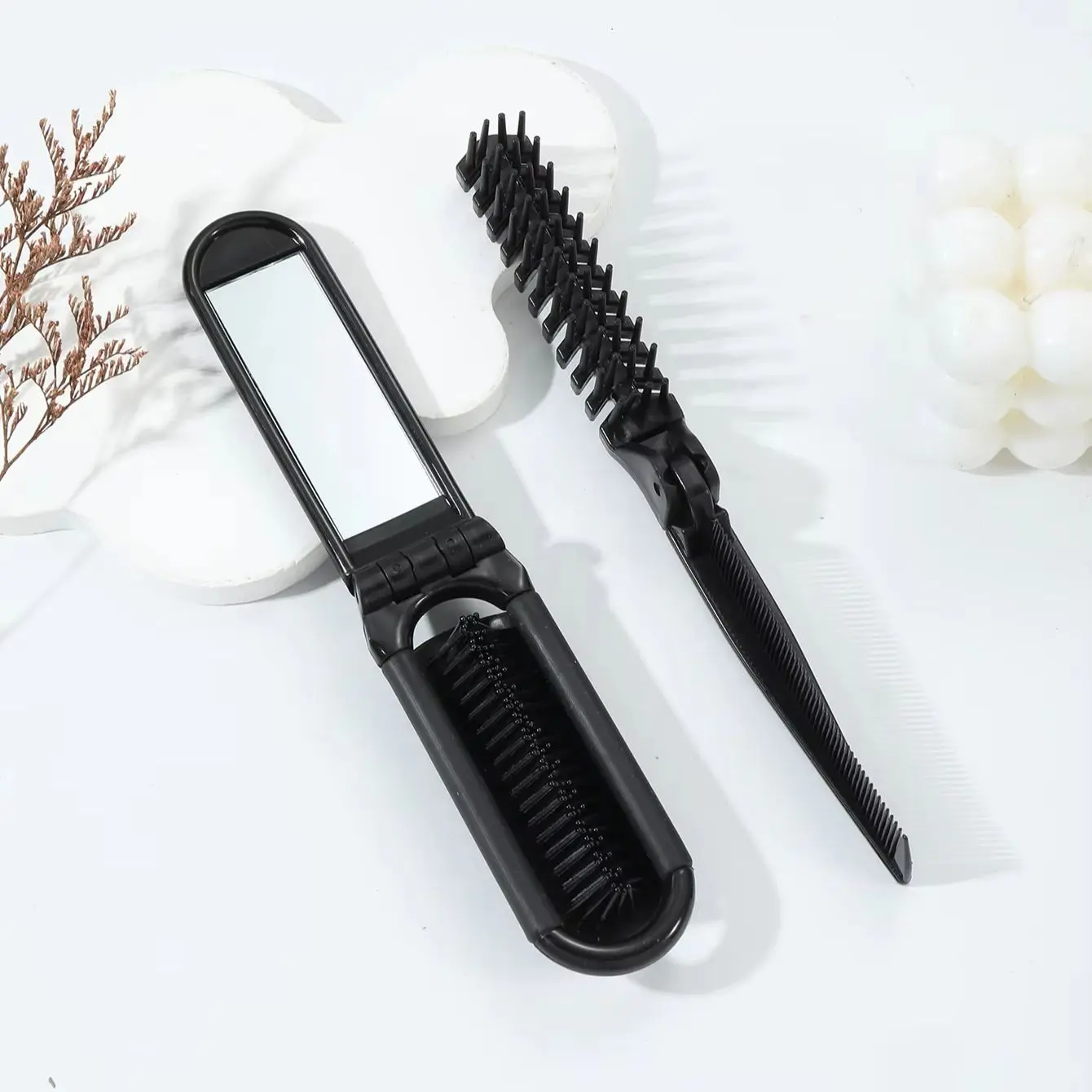 مجموعة فرش قابلة للطي مكونة من قطعتين، مشط مرآة وسادة هوائية محمولة، مشط برأس مزدوج واسع وناعم المسنين خاص للشعر المستعار الحقيقي