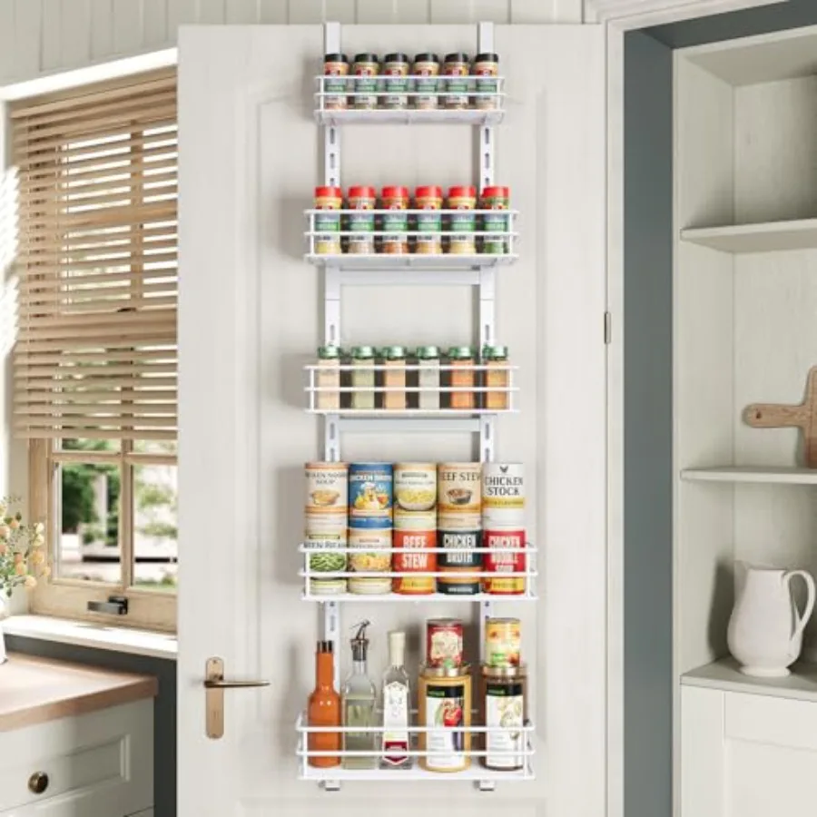

Adjustable 5-Tier Over the Door Pantry Organizer, Spice Rack, Narrow Hanging Shelf for Kitchen Storage and Organization White
