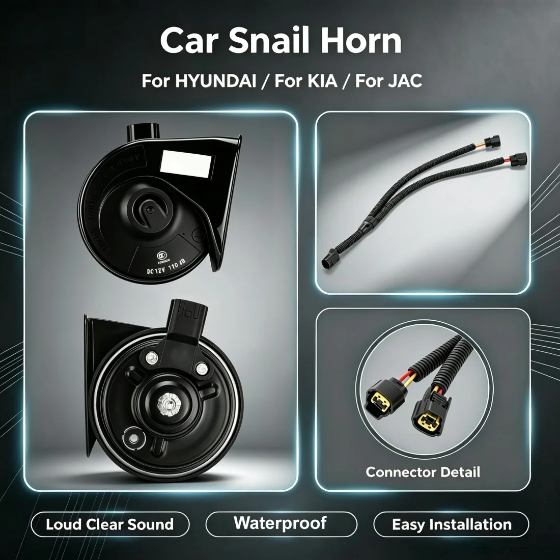 110dB 12V  Car Snail Horn Car Speakers Tweeter High Bass Waterproof Whistle Horn For HYUNDAI For KIA For JAC + Wiring Harness
