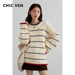 CHIC VEN Women's Pullovers Vintage Contrast Stripe Twists Knitting Sweater Soft Waxy Loose Jumpers Female Top Spring Autumn 2023