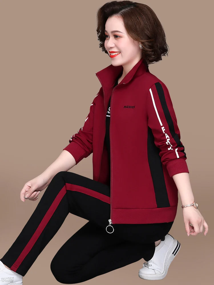 

Повседневный спортивный костюм для женщин: комплект из топа и брюк больших размеров для весны и осени, новая осенняя одежда для мам среднего возраста