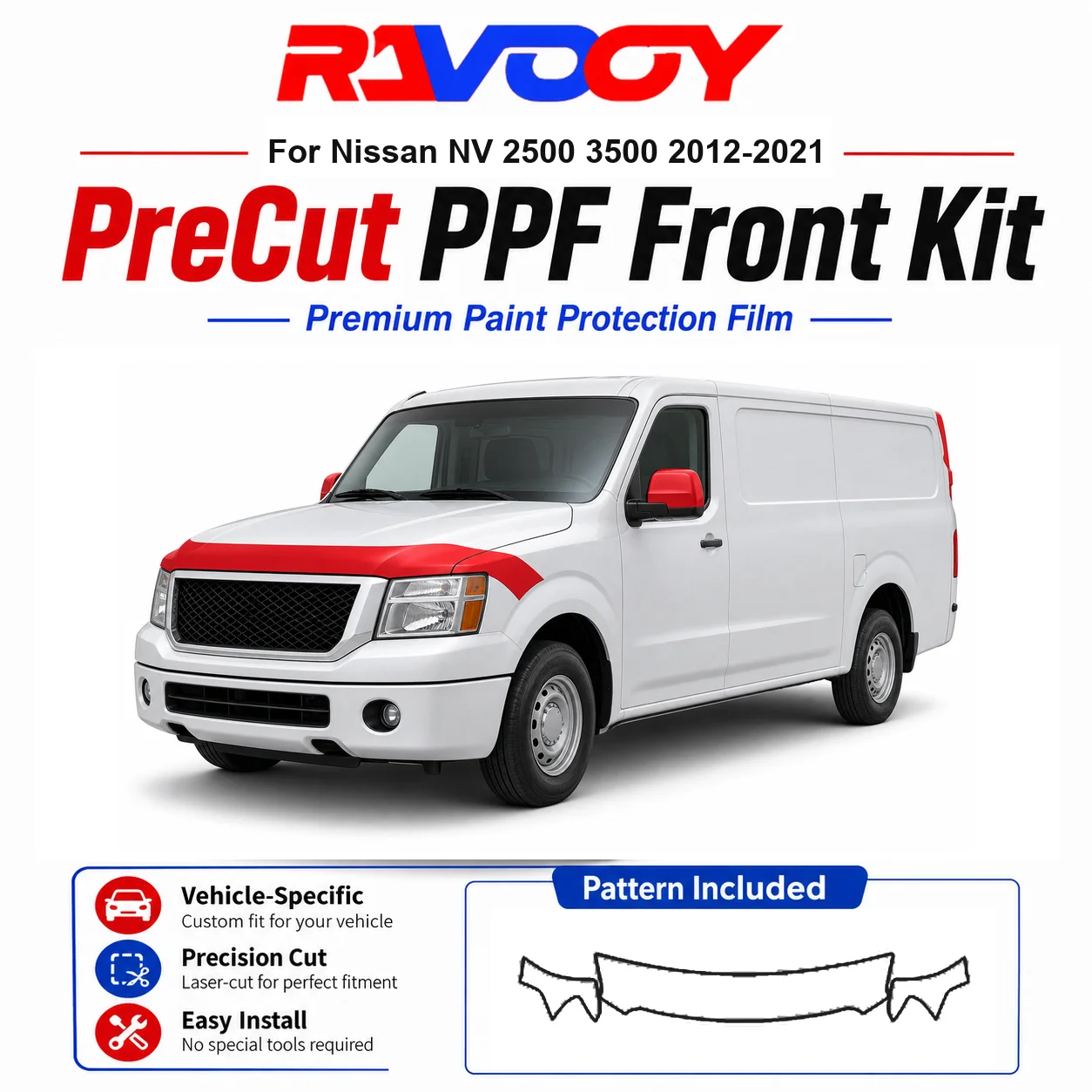 日産nv-2500-3500-2012-2021用-85mil-tpuプレカットppfキット-フード、フェンダー、ミラーセット-自己修復クリアブラフィルム