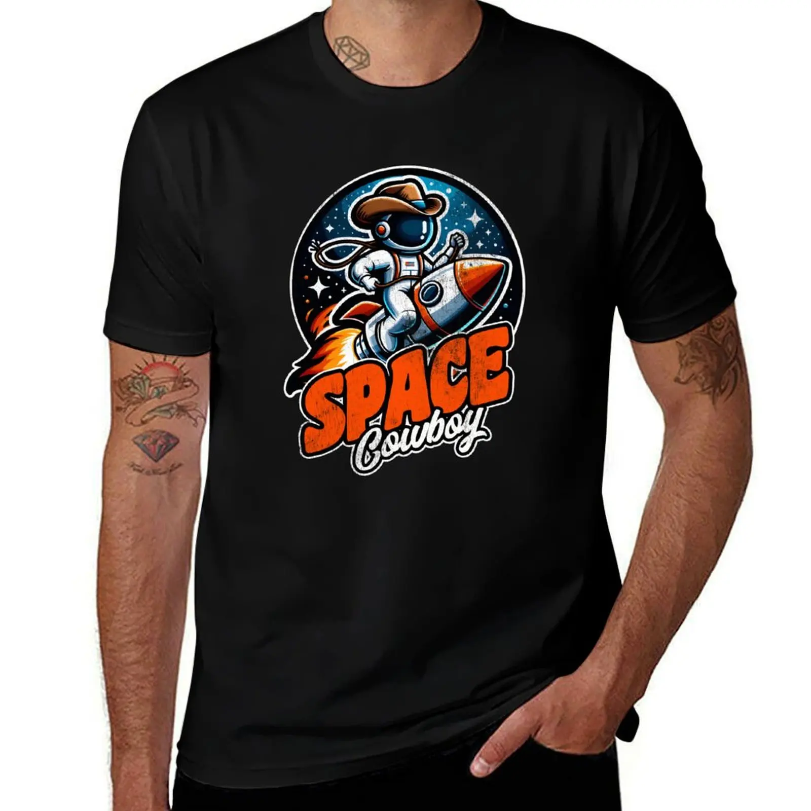 Space Cowboy Astronaut on a Rocket T-Shirt Large Size Casual Tee Shirt