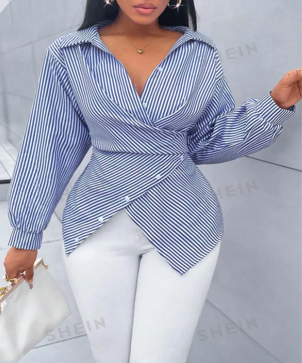 

2026 New Women's Fashion Sexy Striped Long Sleeve Shirt Casual Versatile Blouse Spring Summer Top