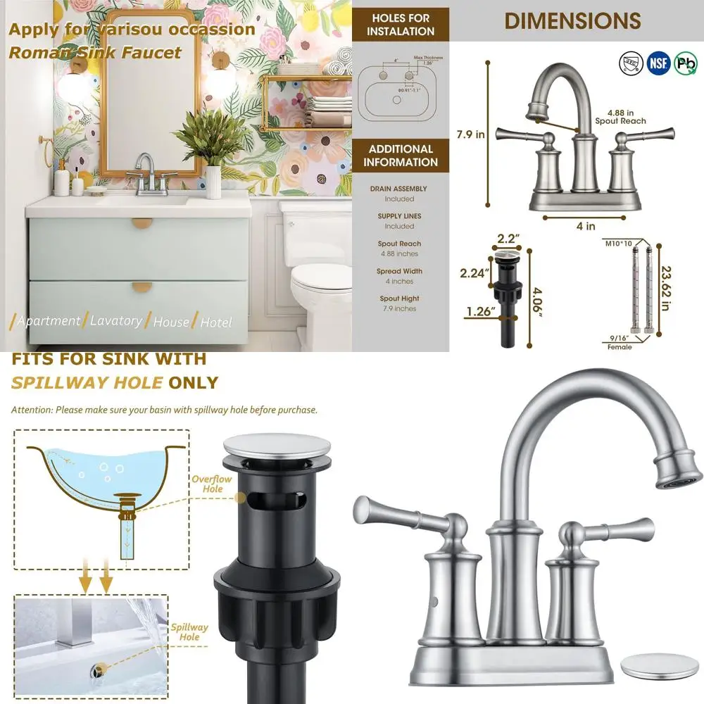 

4 Inch Centerset 2-Handle Brushed Nickel Bathroom Faucet with Antique Brass Finish and Pop-Up Drain for Vanity Sinks