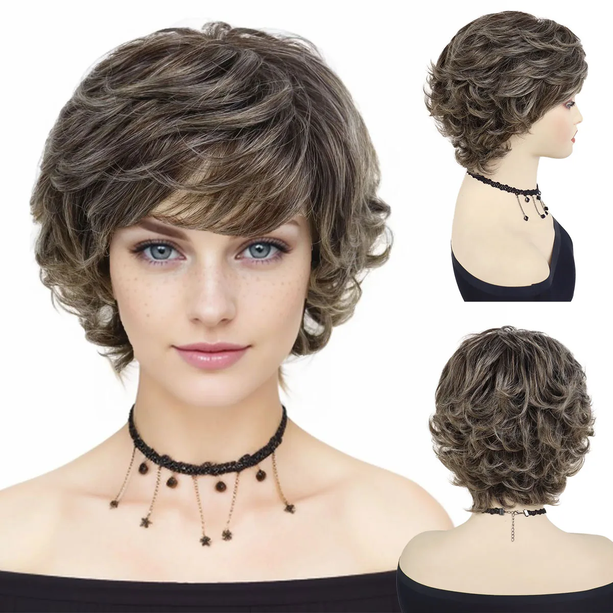 Synthetic Wigs for Women Short Curly Brown Wig with Bangs Natural Hairstyles Mixed Brown Color Hair Wigs for Mother Mommy Wig