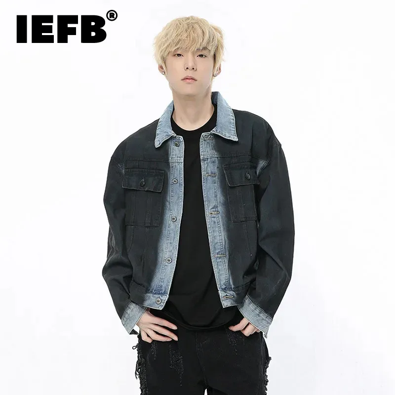

IEFB New Denim Jacket Fake Two Piece Trend Loose Coat Contrasting Colors Casual Turn-down Collar Single Breasted Male Top 9C5249