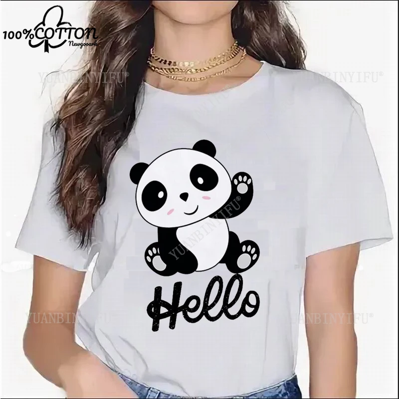 Gran oferta de ropa Kawaii para mujer, Camiseta de algodón de manga corta con estampado de Panda, ocio cómodo de verano para mujer